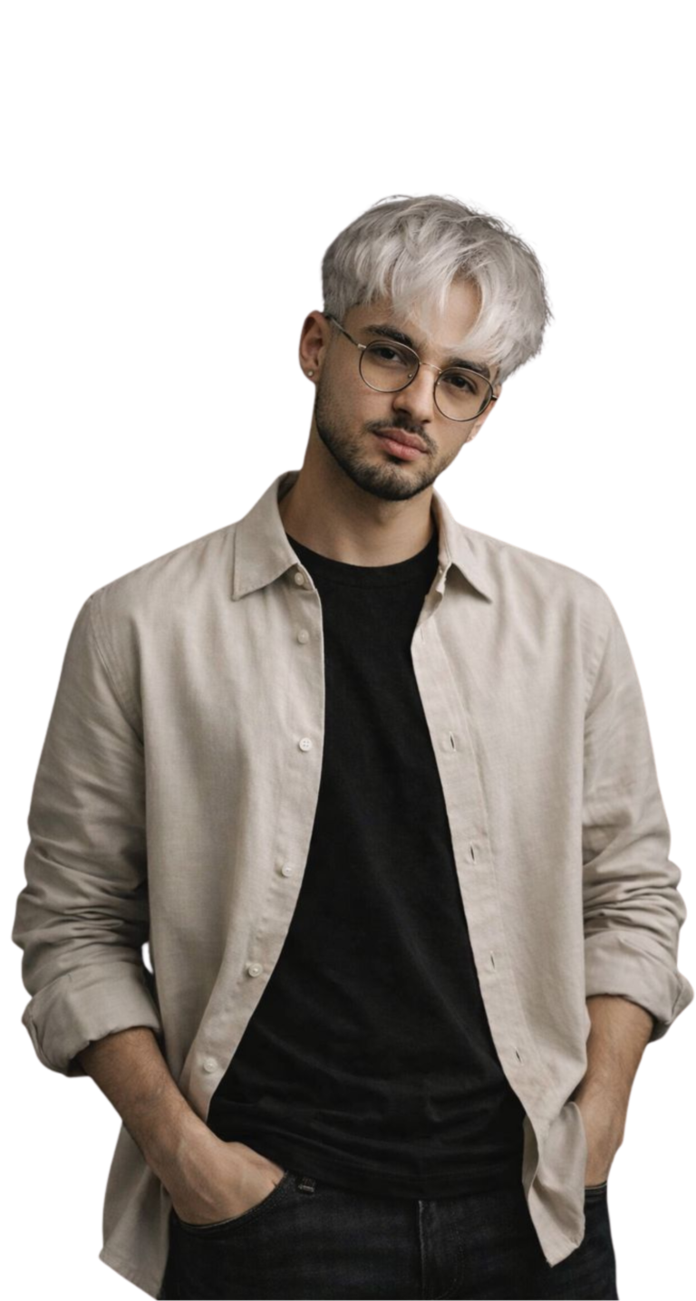 Young man with platinum blond hair wearing beige overshirt over black t-shirt on dark background